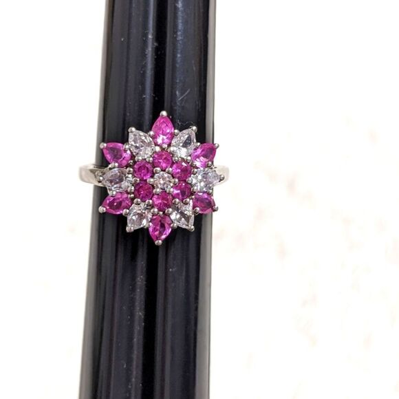 Vintage Pink & White Cubic Zirconia Ring  Rhodium Plated - Picture 10 of 13